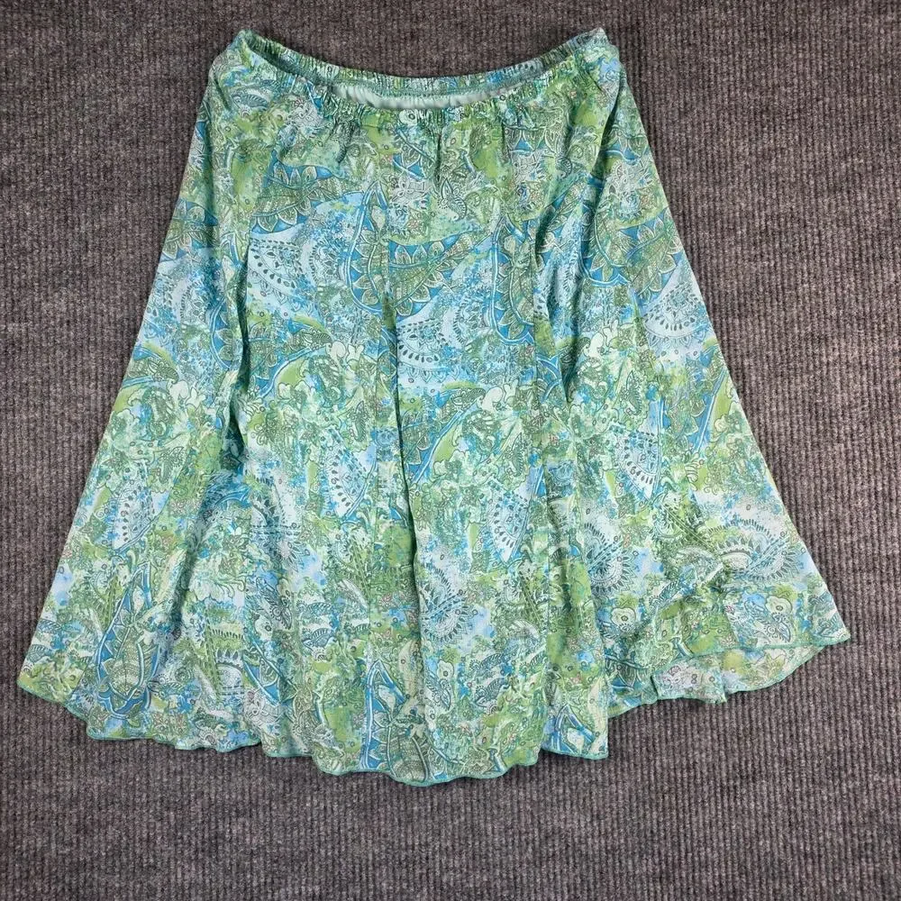 Kim Rogers XL‎ Paisley A-Line Midi Skirt Blue Green Pull On Lined Lightweight